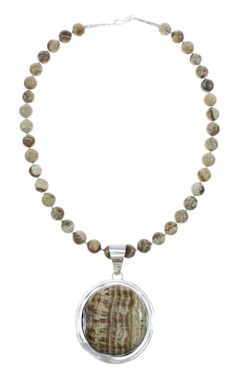 Sterling Silver Navajo Picture Rock Bead Necklace Pendant Set JX131110